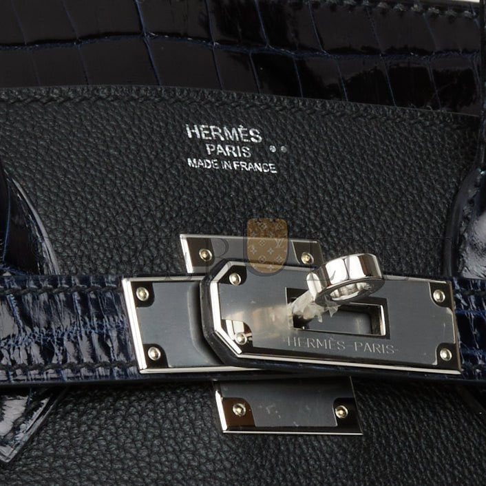 H**me5 MASTER BIRKIN 25 BLEU MARINE SHINY NILOTICUS CROCODILE PATTERN AND BLACK NOVILLO TOUCH PALLADIUM HARDWARE (25cm) Master Quality